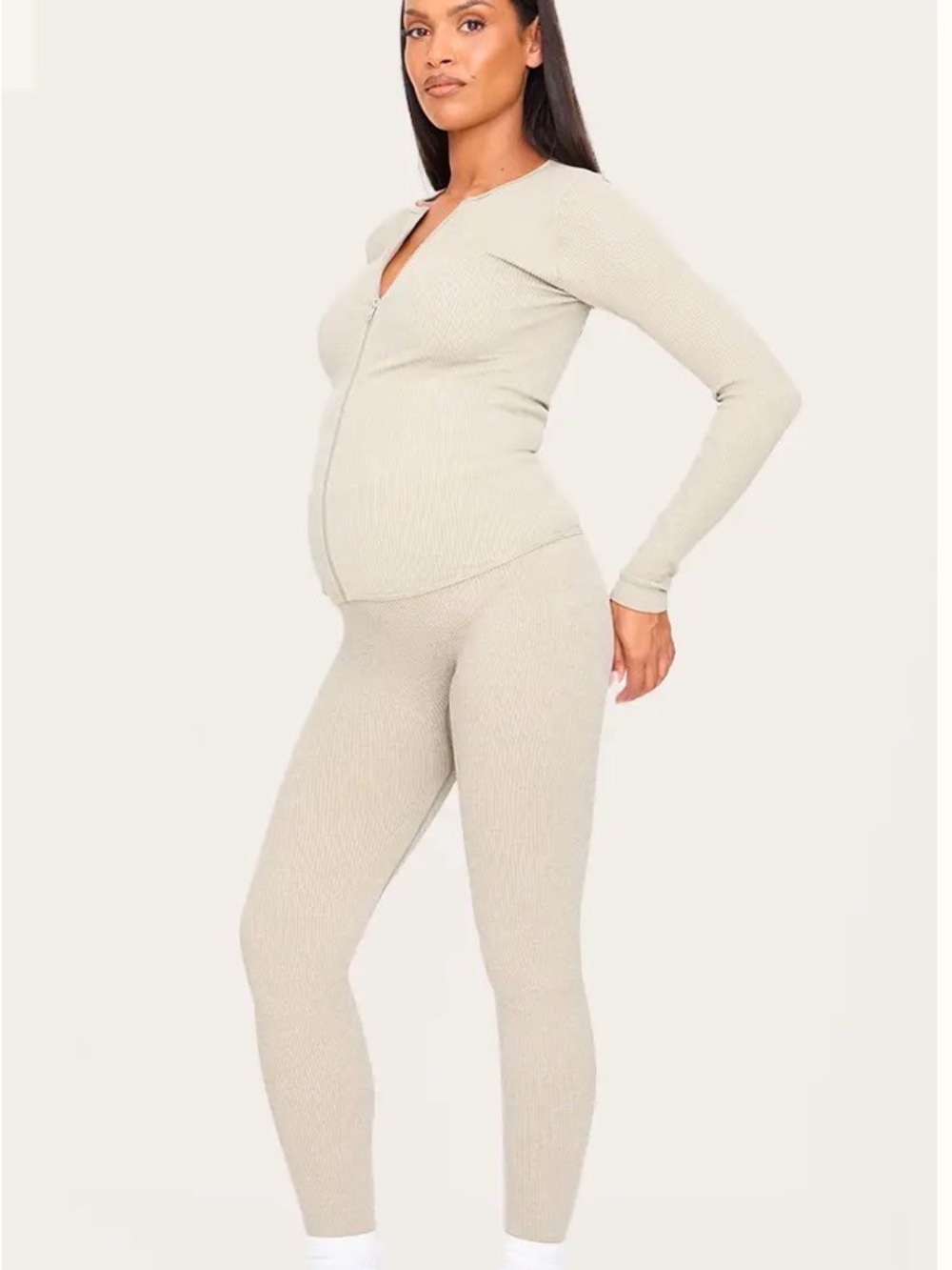 PrettyLittleThing Ribbed Zip Maternity Loungewear Co-ord Set - Moss Sand. Size L